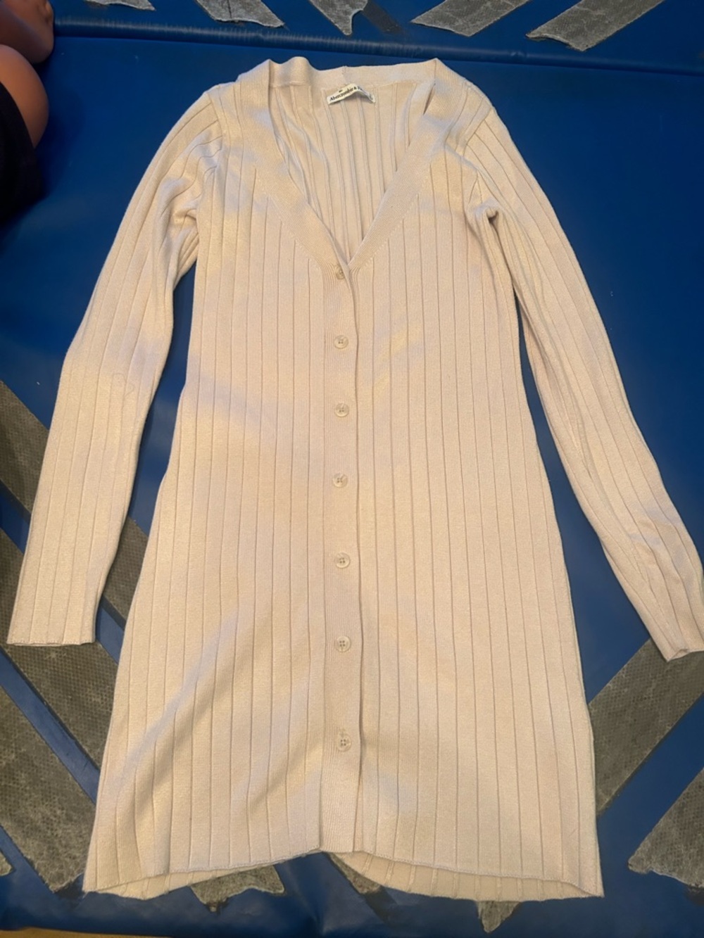 Abercrombie & Fitch Long-Sleeve Ribbed Button-Front Cardigan in Light Beige
